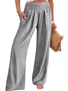 Black & White Gingham Wide-Leg Smocked Waist Pants 🌺